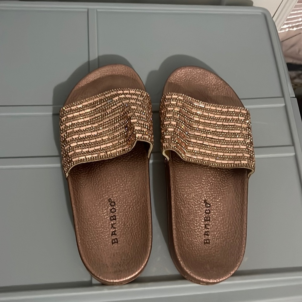 Never worn womens rose gold slides